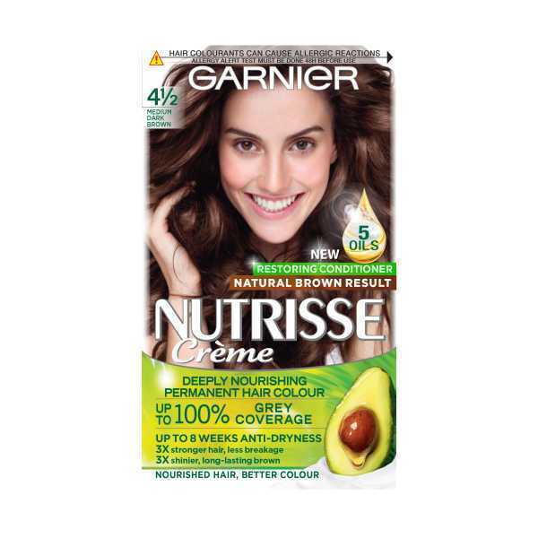 Front of Garnier Nutrisse Créme 4 1/2 Medium Dark Brown permanent hair colour box