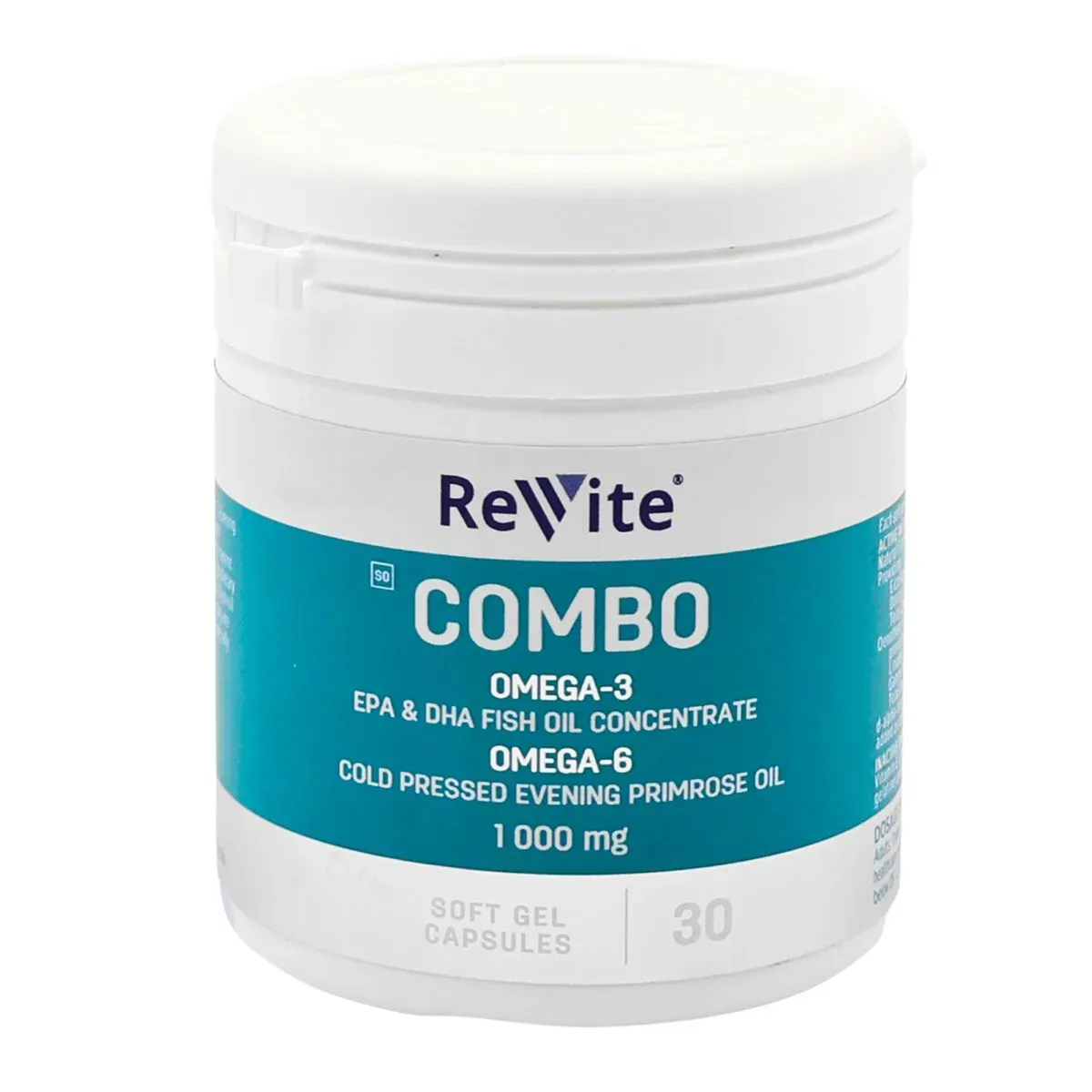 Front angled view of Revite Combo Omega-3 & Omega-6 1000mg 30 soft gel capsules bottle