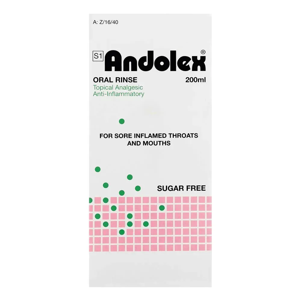 Front of Andolex Oral Rinse Sugar Free Gargle 200 ml box
