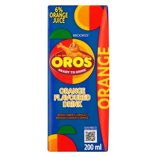 Front of OROS Orange Flavoured Drink 200 ml box