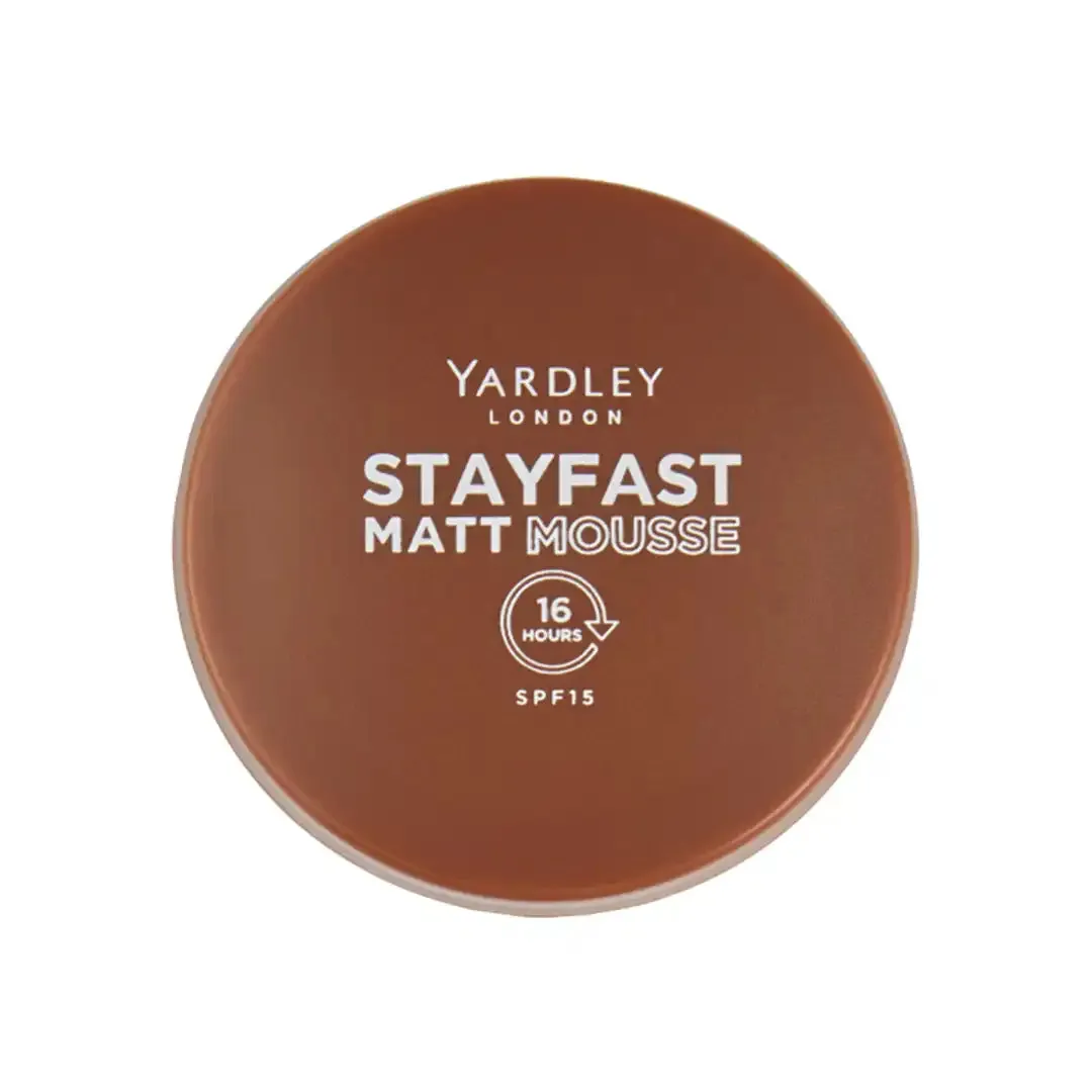 Top view of Yardley London Stayfast Matt Mousse Foundation compact, SPF15, 12 g
