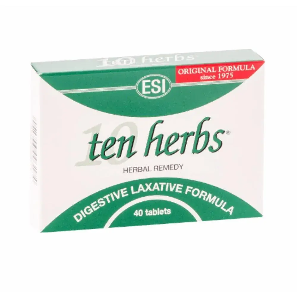 Angled view of ESI Ten Herbs Digestive Laxative Formula box, 40 tablets