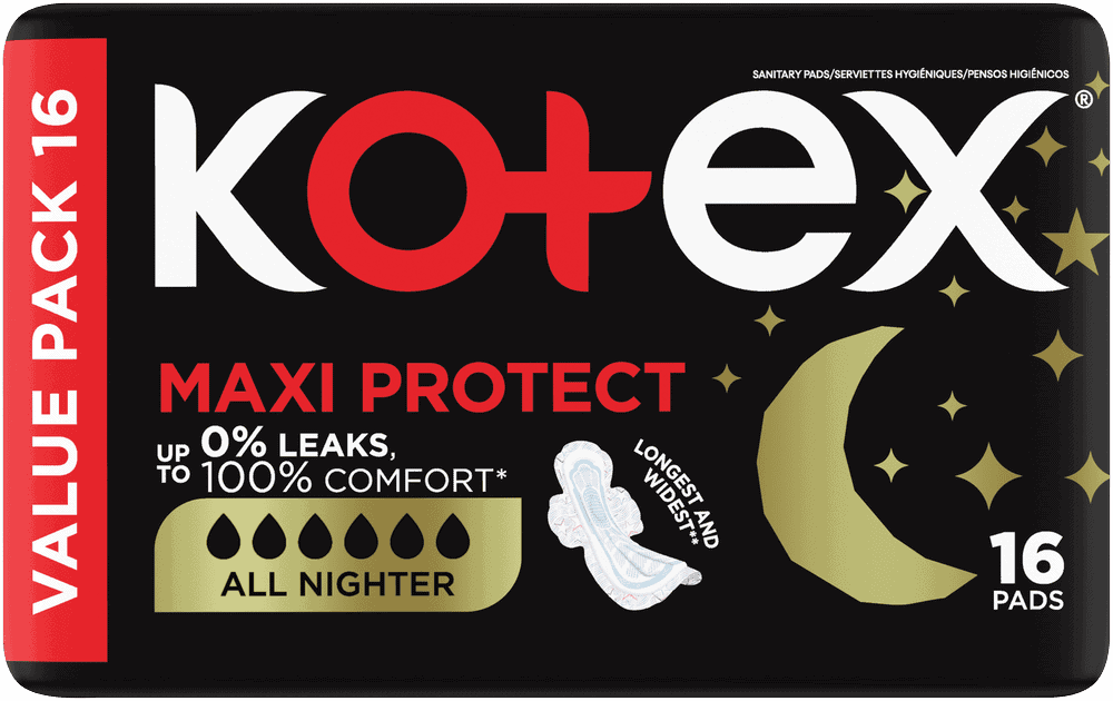 Kotex Maxi Protect All Nighter Sanitary Pads with Wings 16pk