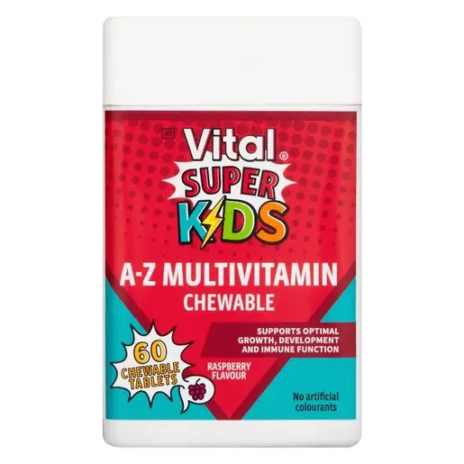 Front of Vital Super Kids A-Z Multivitamin Chewable Raspberry 60 tablets
