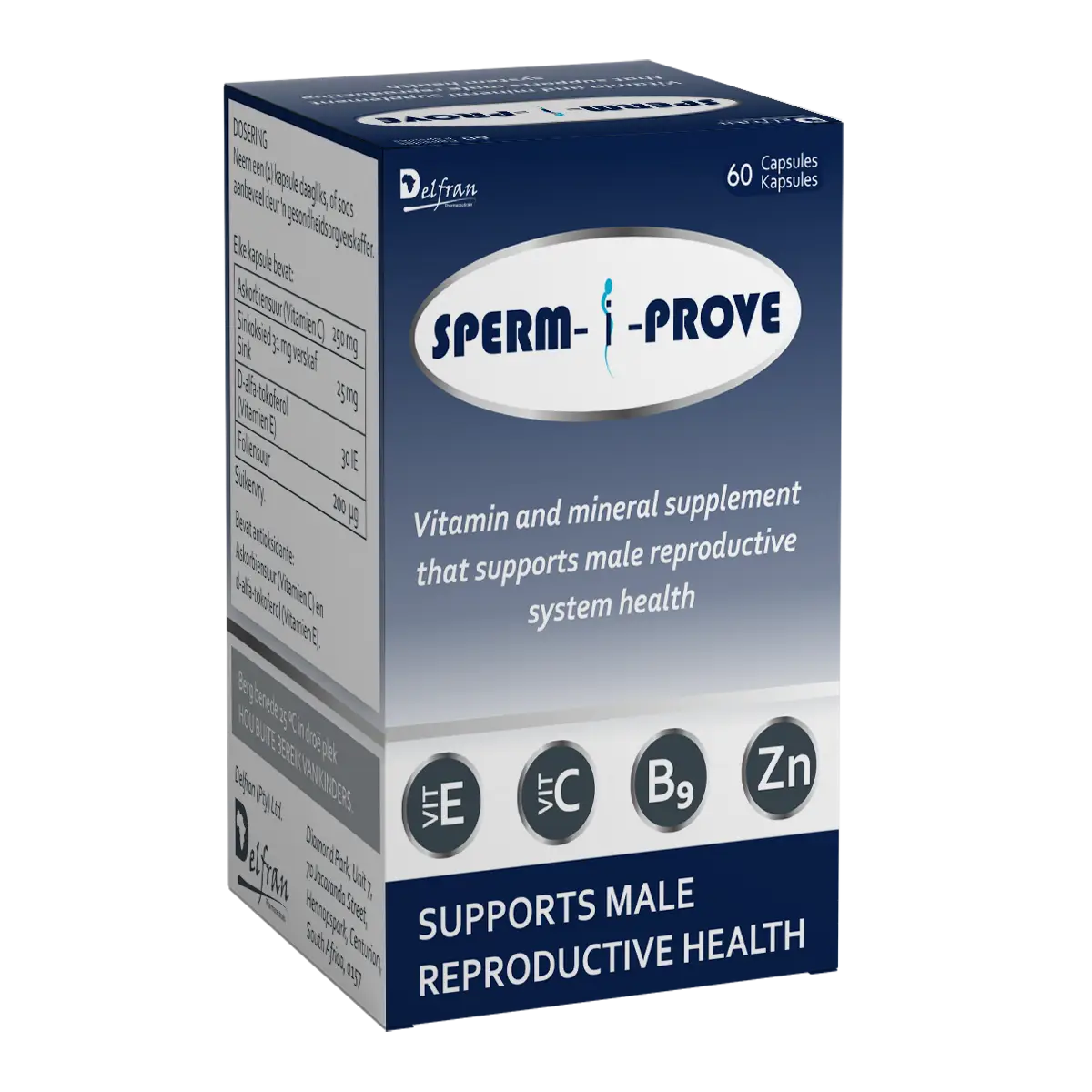 Angled view of Delfran Sperm-I-Prove supplement box, 60 capsules