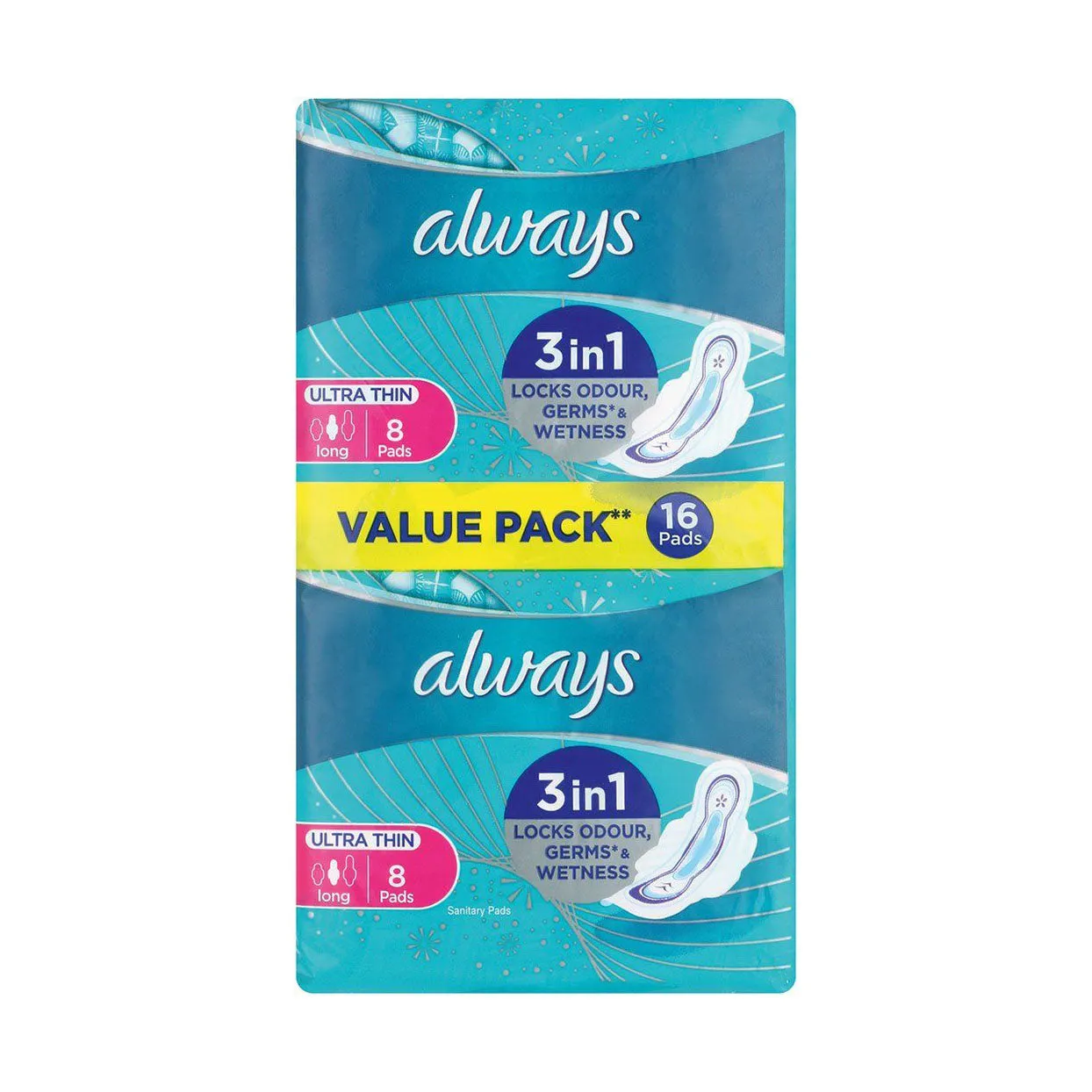 Front of Always Ultra Thin Long sanitary pads value pack, 16 pads
