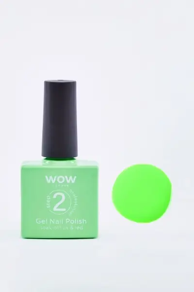 Front of WOW Step 2 Gel Nail Polish bottle in green shade with colour swatch
