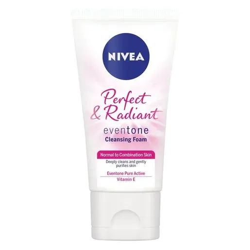 Front of NIVEA Perfect & Radiant Eventone Cleansing Foam 100 ml tube on white background