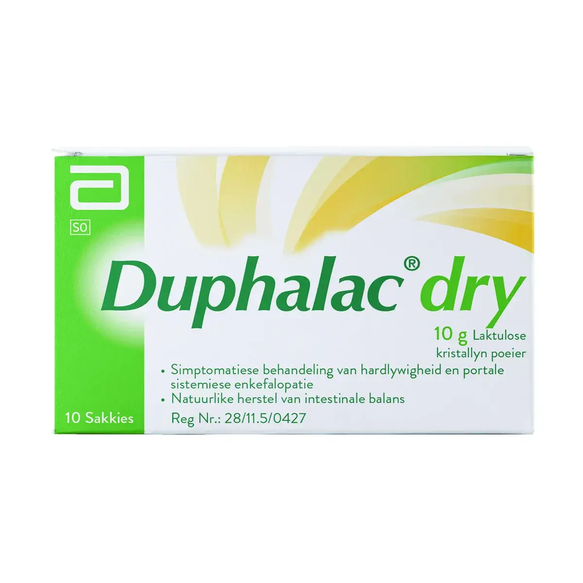 Front of Duphalac Dry Laktulose 10g crystalline powder box, 10 sachets