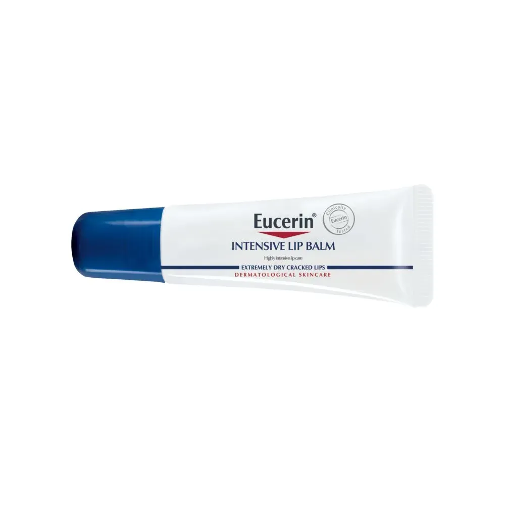Angled view of Eucerin Intensive Lip Balm 10 ml tube on white background