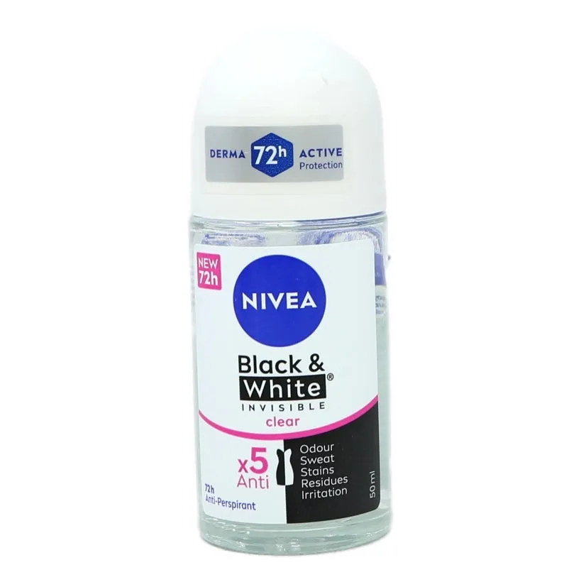 Front of NIVEA Black & White Invisible Clear Anti-Perspirant Roll-On Deodorant, 50ml