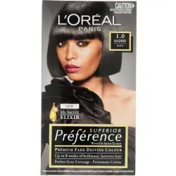 Front of L'Oreal Preference Superior 1.0 Madrid Black hair colour box