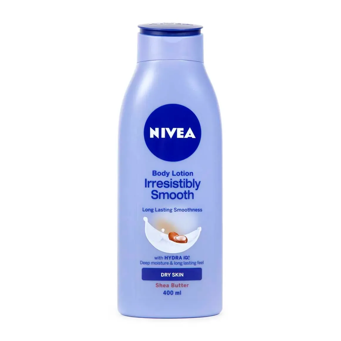 Front of NIVEA Body Lotion Irresistibly Smooth 400 ml bottle on white background