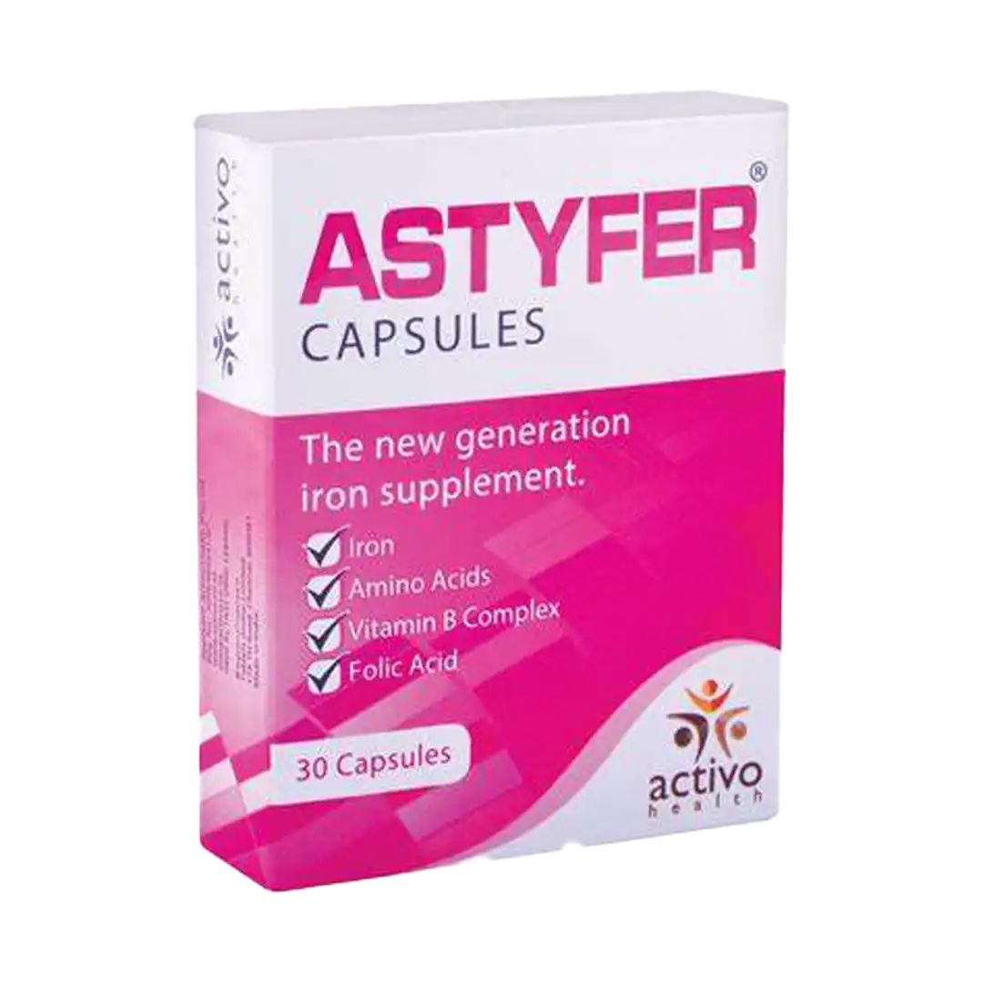 Angled front view of Activo Health Astyfer Capsules 30 pack box