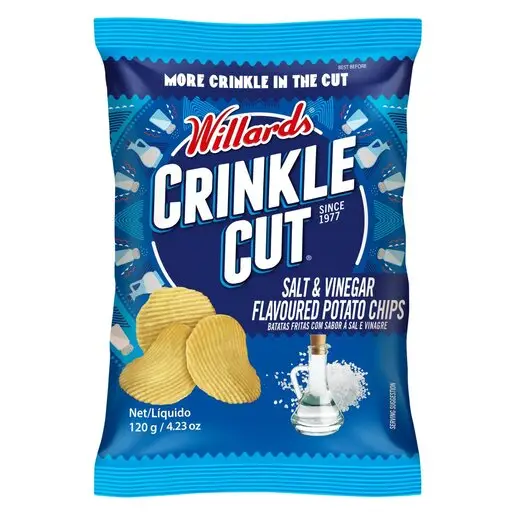 Front of Willards Crinkle Cut Salt & Vinegar potato chips 120 g packet