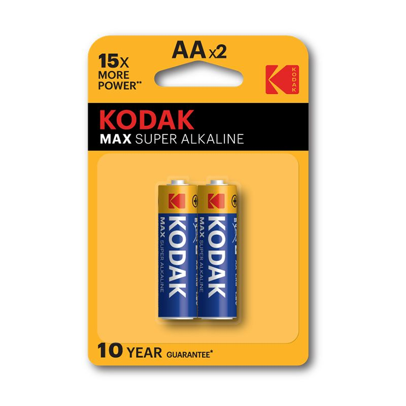 Front of Kodak Max Super Alkaline AA batteries, pack of 2