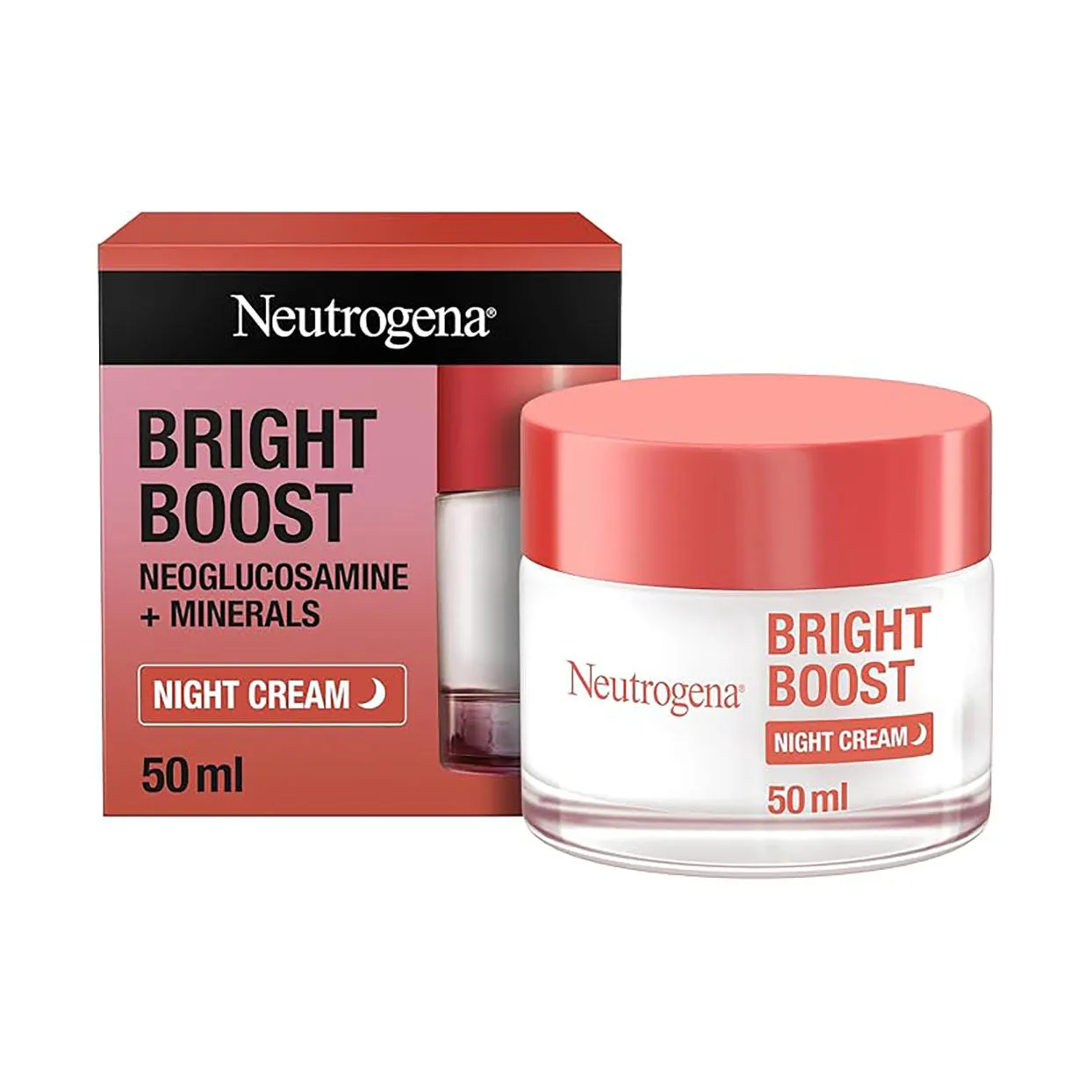 Front of Neutrogena Bright Boost Night Cream 50 ml jar and box