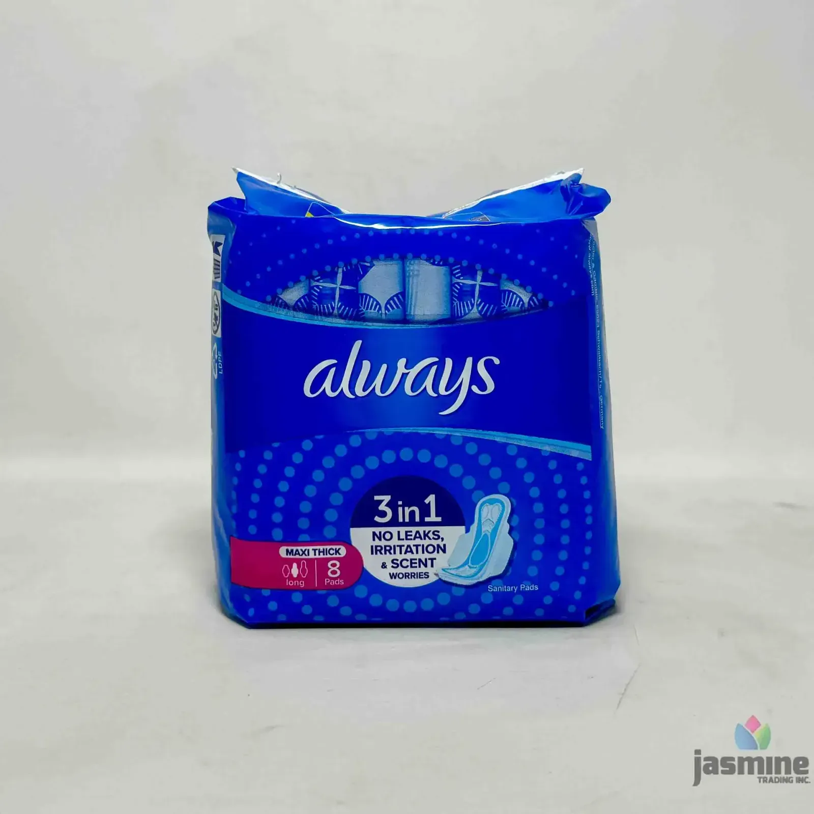 Front of Always Maxi Thick Long 8 pads sanitary pads pack