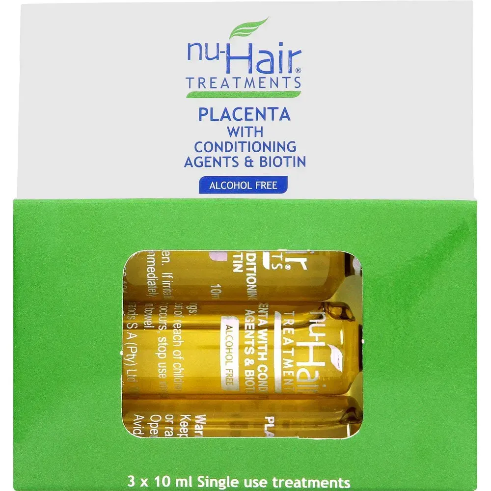 Front of Nu-Hair Placenta with Conditioning Agents & Biotin, 3 x 10 ml ampoules box