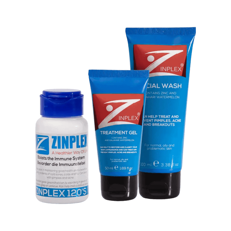 Front view of Zinplex Combo 120's tablets bottle with treatment gel and facial wash tubes