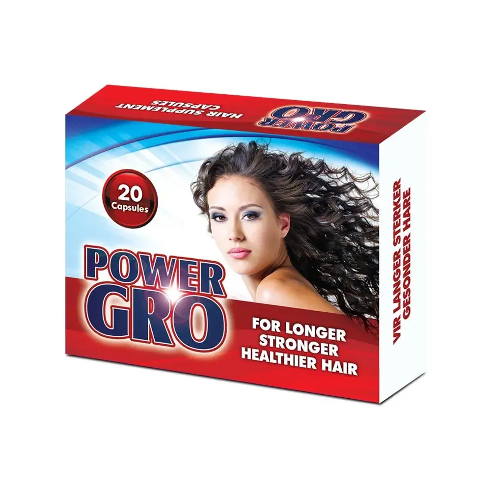 Angled view of GM Pharmaceuticals Power Gro Hair Supplement 20 capsules box