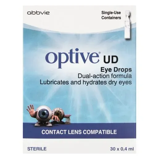 Front of AbbVie Optive UD Eye Drops 30 x 0.4 ml single-use vials box