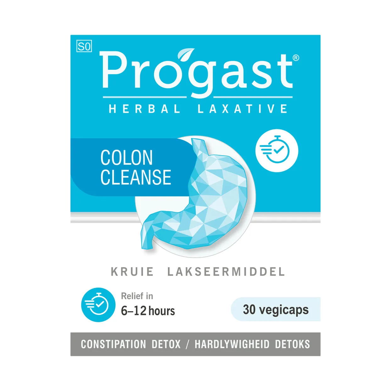 Front of Progast Colon Cleanse Herbal Laxative 30 vegicaps box