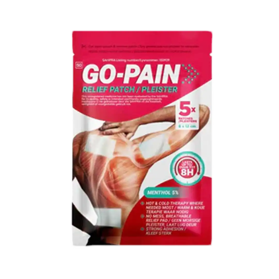 Front of Pharmaforce Go-Pain Relief Patch pack, 5x 8x12cm patches, Menthol 5%