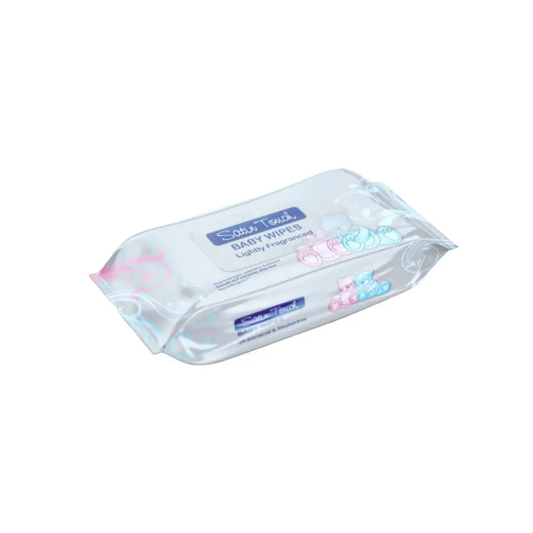 Angled view of Satin Touch Baby Wipes Lightly Fragranced 72's pack