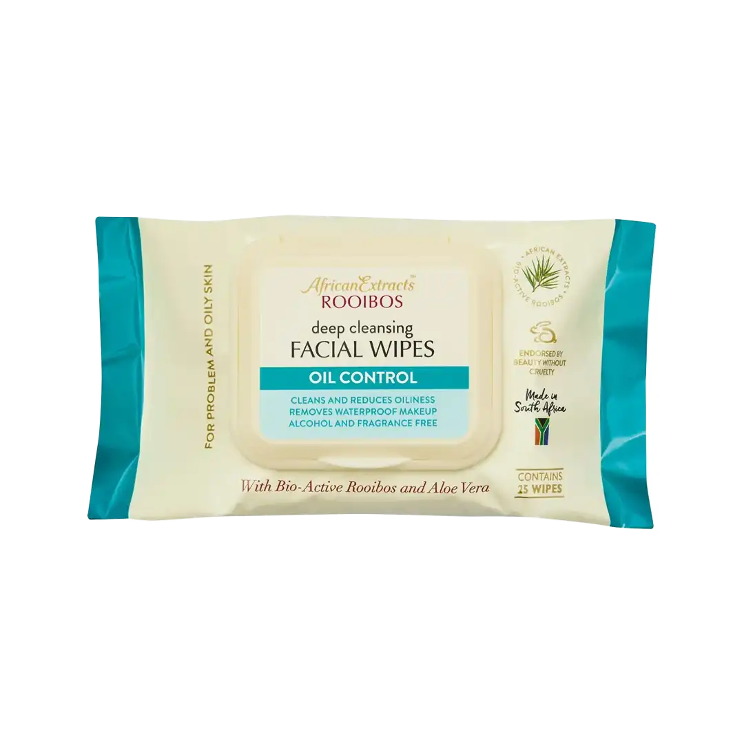 Front of African Extracts Rooibos Facial Wipes Oil Control 25's pack