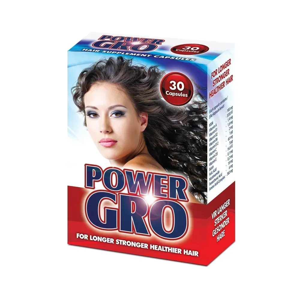 Angled view of GM Pharmaceuticals Power Gro Hair Supplement Capsules, 30 capsules box