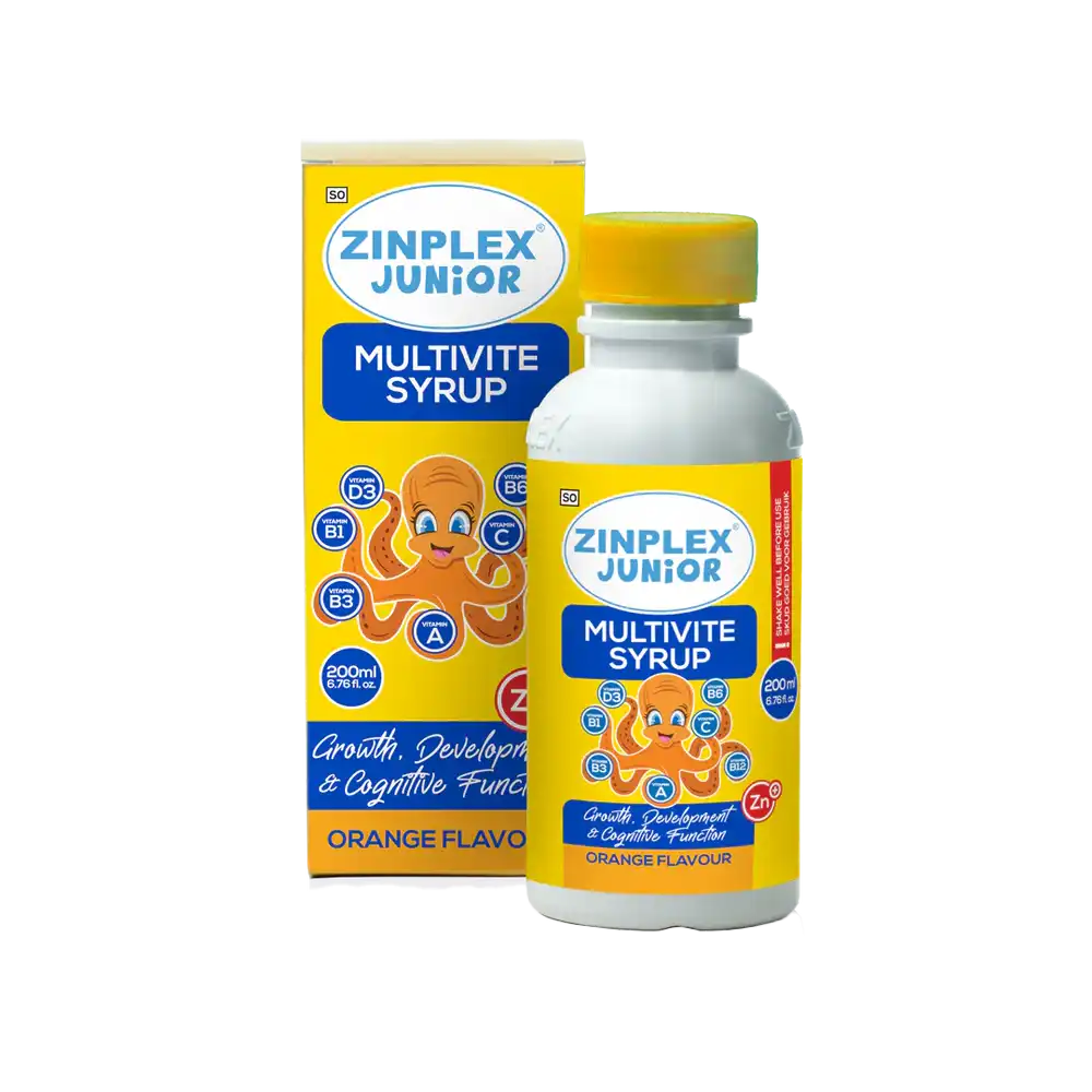 Zinplex Junior Multivite Syrup Orange Flavour 200ml box and bottle together