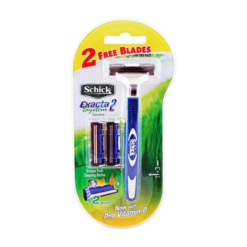 Front of Schick Exacta 2 System Sensitive razor kit with 2 free blades, 1 handle plus 2 cartridges