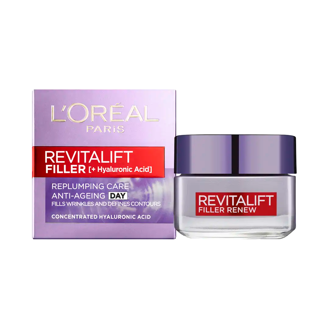 Front of L'Oréal Paris Revitalift Filler Anti-Ageing Day Cream box and jar 50 ml
