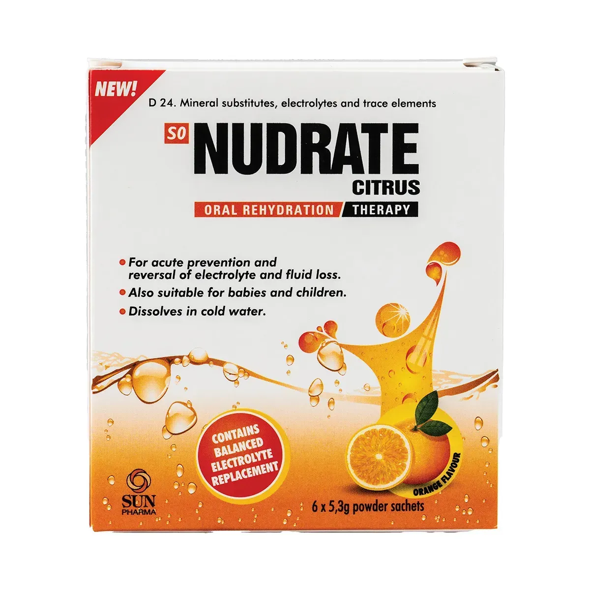 Front of Nudrate Citrus Oral Rehydration Therapy box, 6 x 5.3 g powder sachets