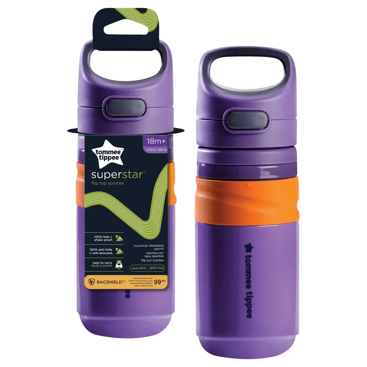 Tommee Tippee Superstar Flip Top Sport bottle 540 ml in purple, packaged and unpackaged views, high resolution