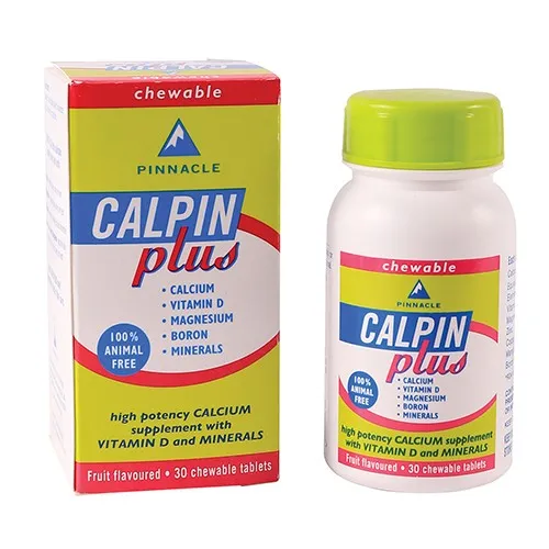 Front of Pinnacle Calpin Plus Chewable 30 Tablets box and bottle