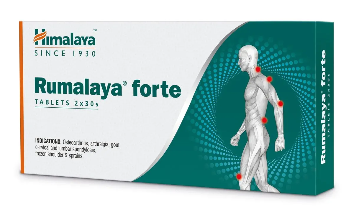 Angled front view of Himalaya Rumalaya Forte Tablets 2x30s (60 tablets) box on white background