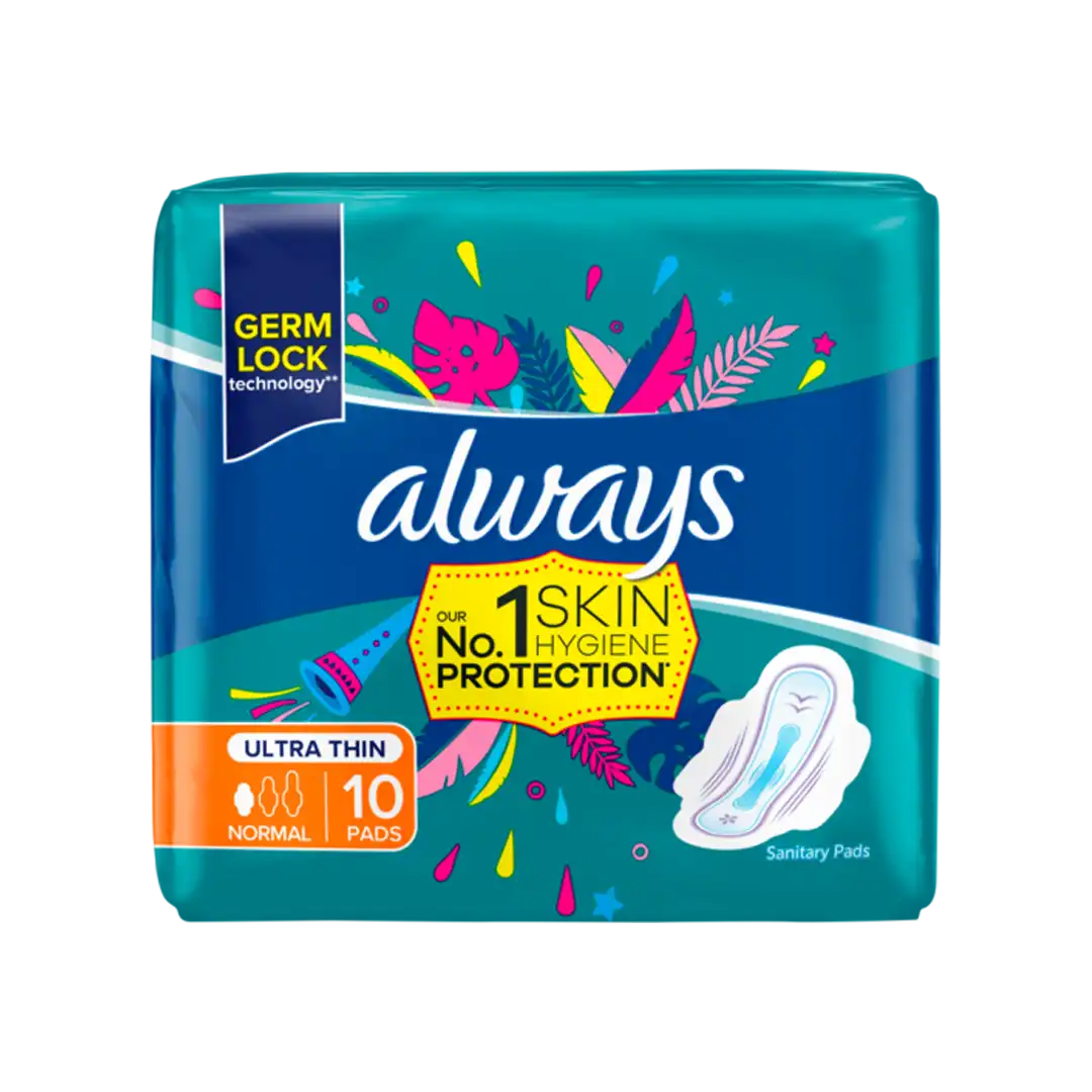 Front of Always Ultra Thin Normal Sanitary Pads, 10 pads, on white background