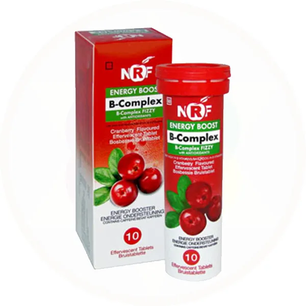 Front of NRF B-Complex Fizzy Cranberry Effervescent Tablets, box and tube of 10