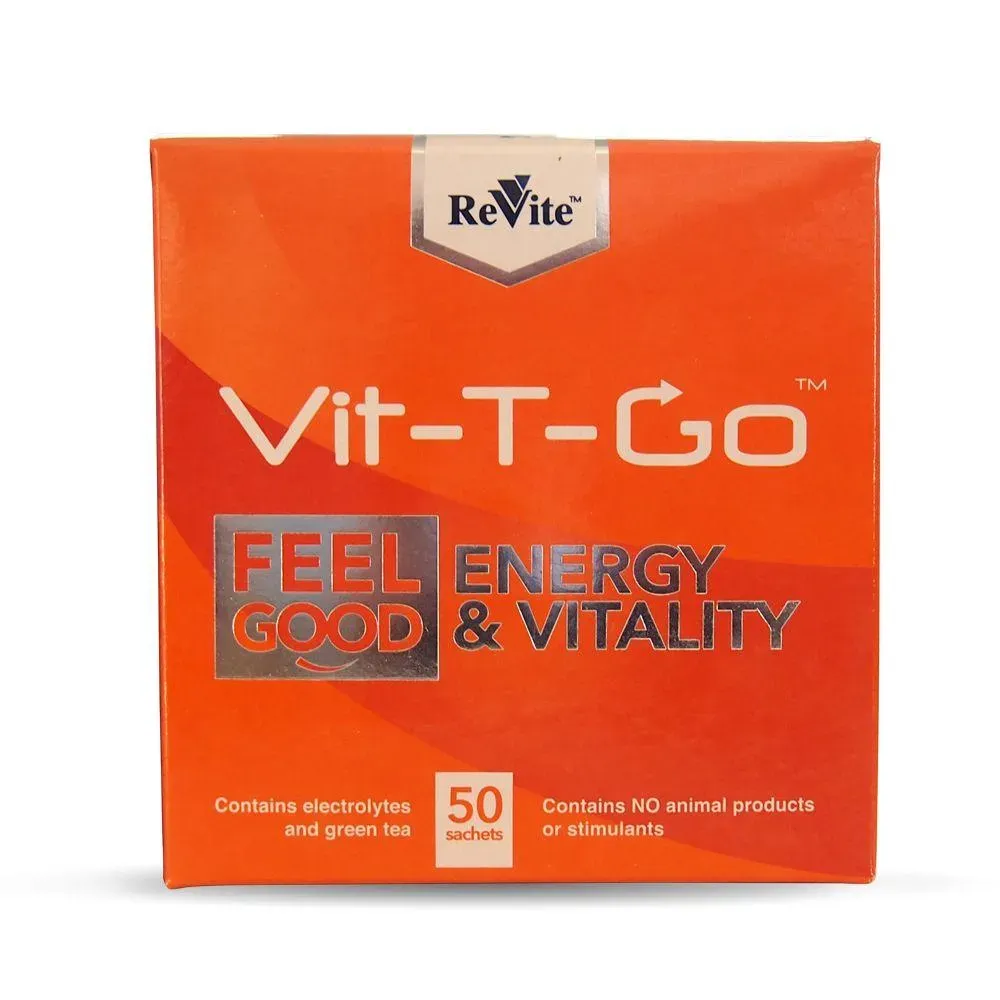 Front of Revite Vit-T-Go Energy & Vitality sachets box, 50 sachets