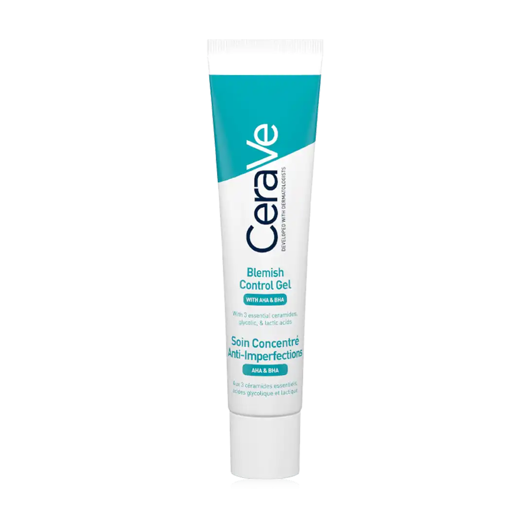 Front of CeraVe Blemish Control Gel with AHA and BHA, 40ml tube
