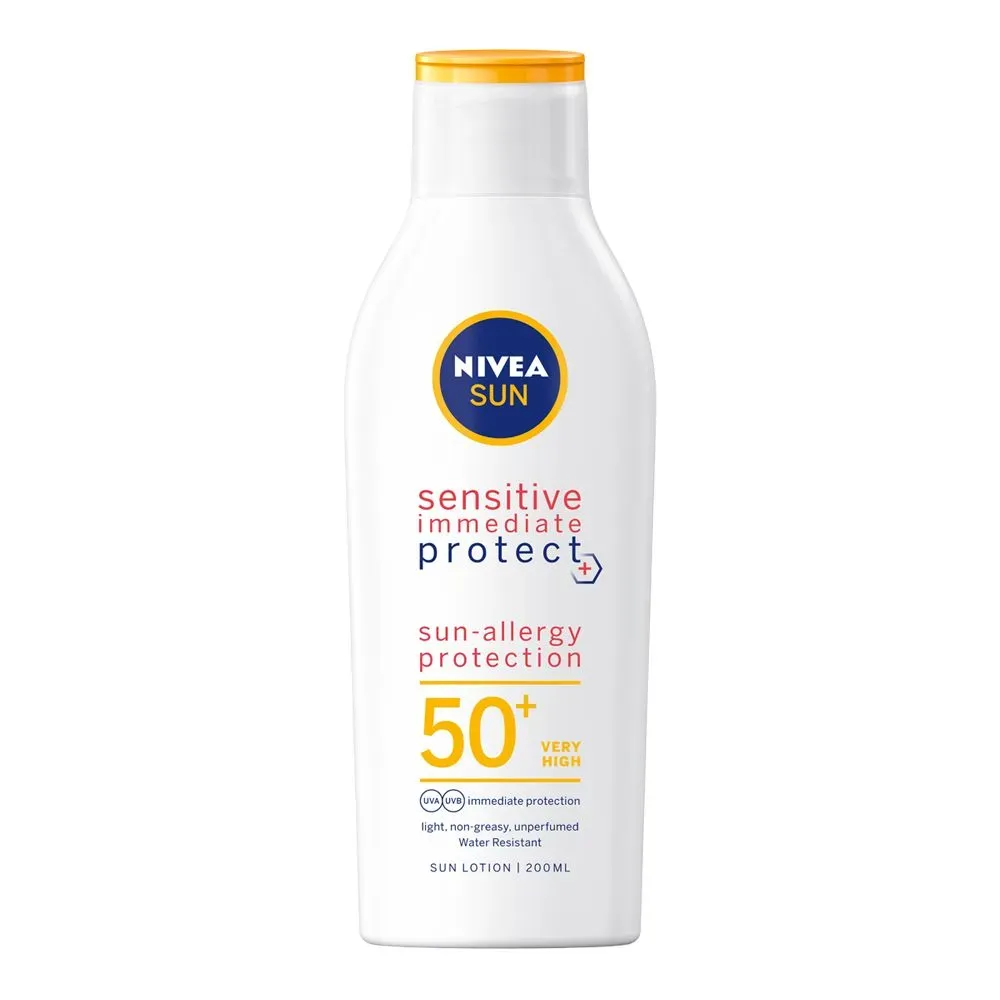Front of NIVEA SUN Sensitive Immediate Protect SPF50+ Sun Lotion 200 ml bottle on white background