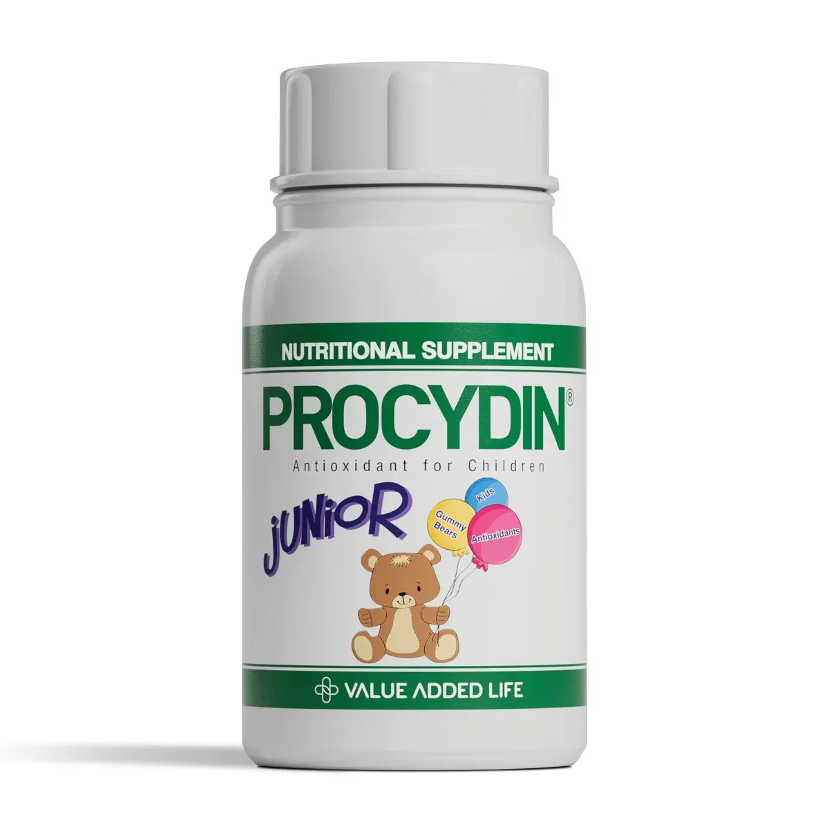 Front of Procydin Junior antioxidant for children bottle, 30 chewable tablets