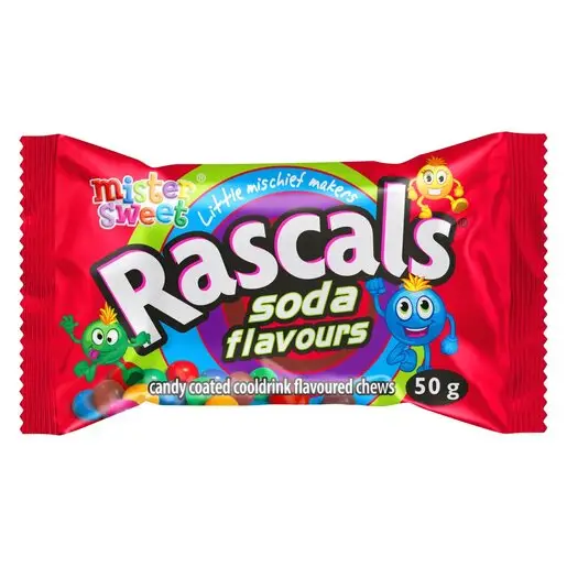 Front of Mister Sweet Rascals Soda Flavours candy coated chews 50 g pack