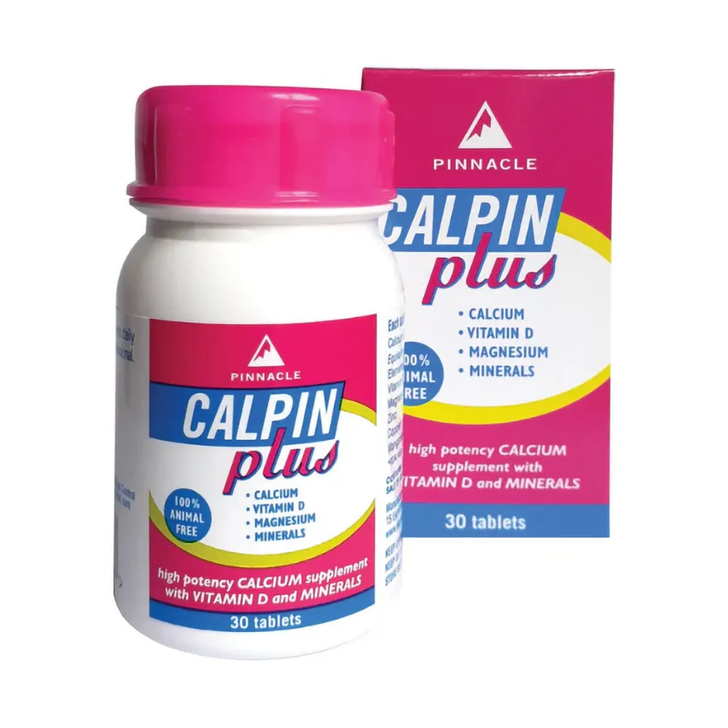 Front of Pinnacle Calpin Plus 30 Tablets bottle and box
