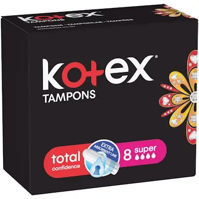 Front of Kotex Tampons Super Total Confidence box of 8