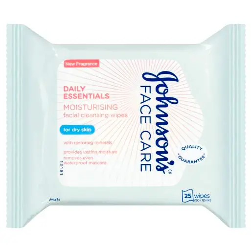 Front of Johnson's Face Care Daily Essentials Moisturising Facial Cleansing Wipes for dry skin, 25 wipes