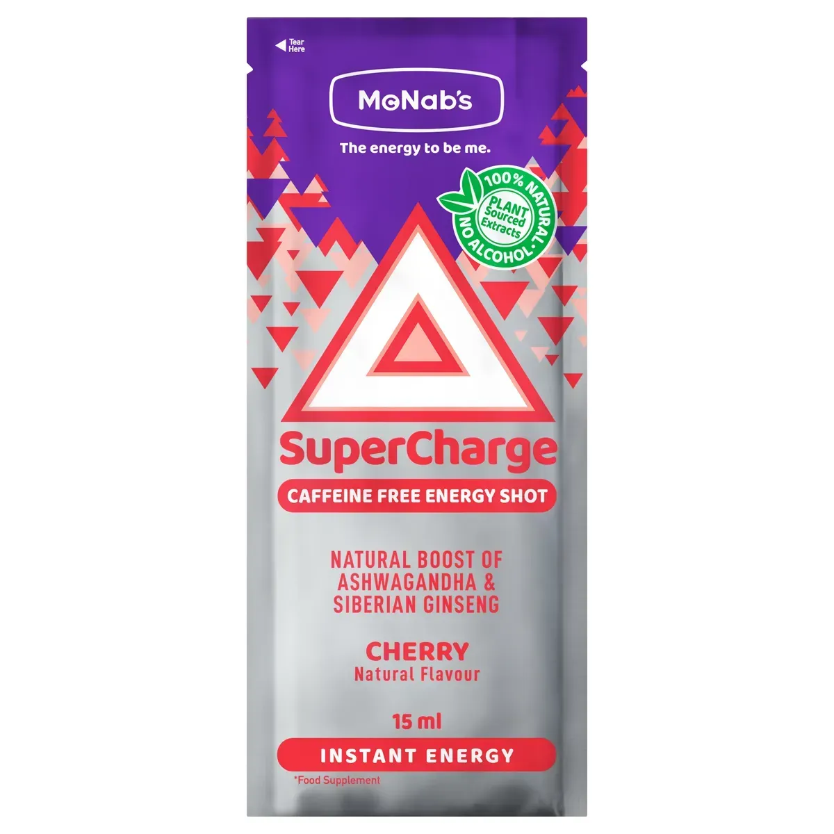 Front of McNabs SuperCharge Cherry Caffeine Free Energy Shot 15 ml sachet