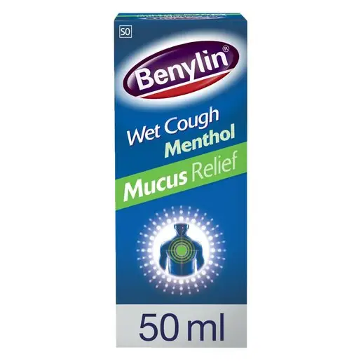 Front of Benylin Wet Cough Menthol Mucus Relief 50 ml box